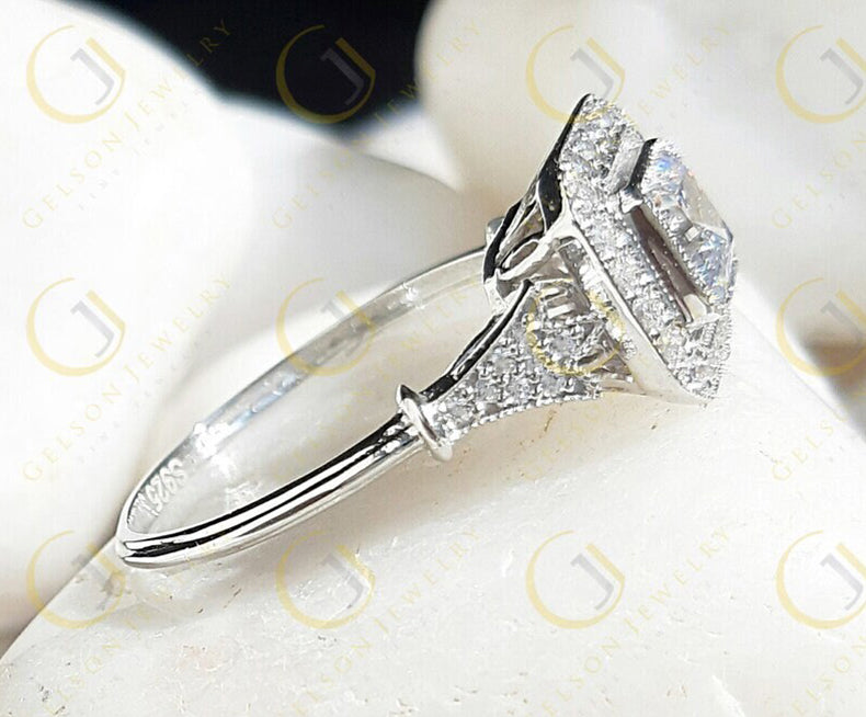Asscher Cut Halo Engagement Ring, Art Deco Moissanite Ring, Vintage Inspired Ring, Estate Jewelry Rings For Women, Gold Milgrain Bezel Ring
