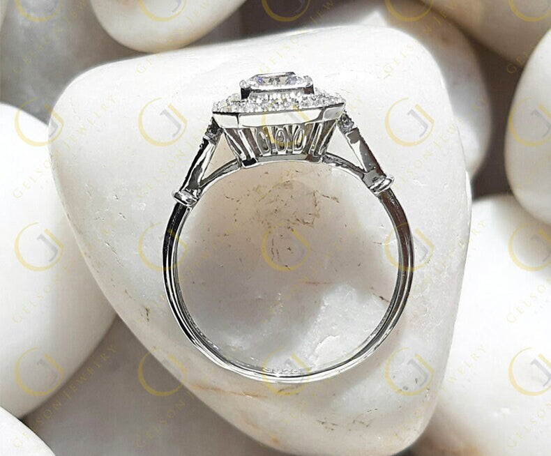 Asscher Cut Halo Engagement Ring, Art Deco Moissanite Ring, Vintage Inspired Ring, Estate Jewelry Rings For Women, Gold Milgrain Bezel Ring