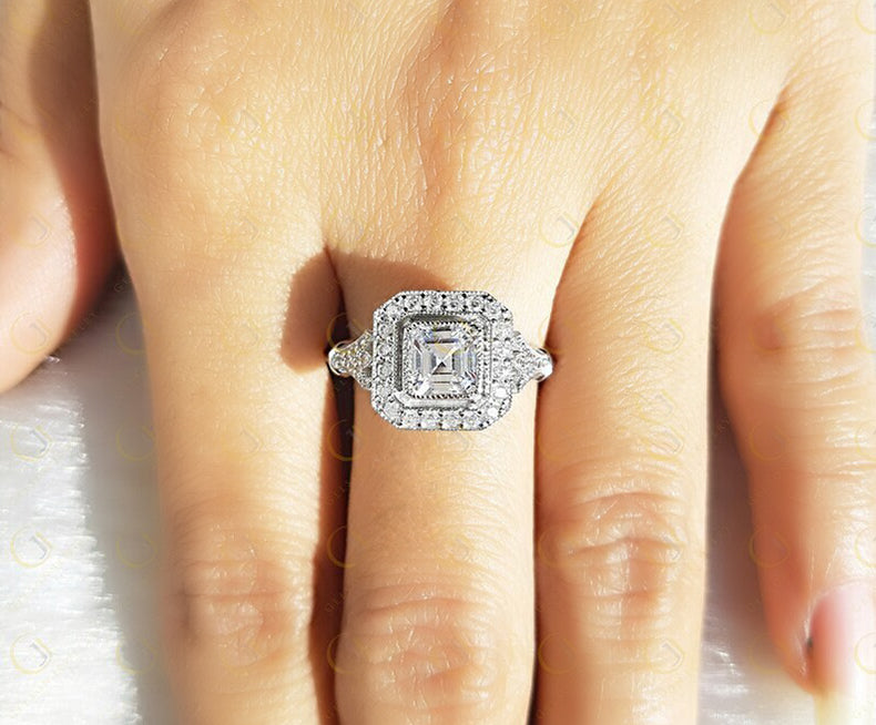 Asscher Cut Halo Engagement Ring, Art Deco Moissanite Ring, Vintage Inspired Ring, Estate Jewelry Rings For Women, Gold Milgrain Bezel Ring