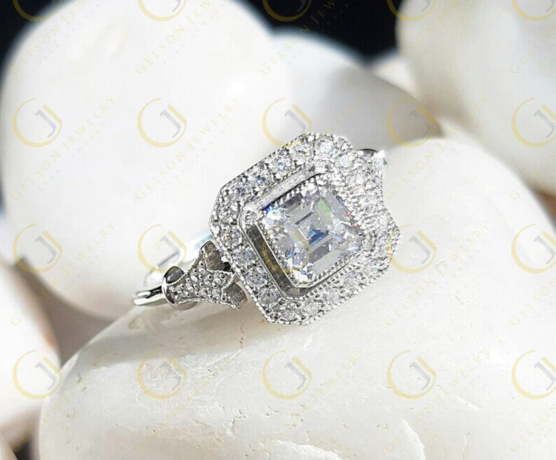 Asscher Cut Halo Engagement Ring, Art Deco Moissanite Ring, Vintage Inspired Ring, Estate Jewelry Rings For Women, Gold Milgrain Bezel Ring