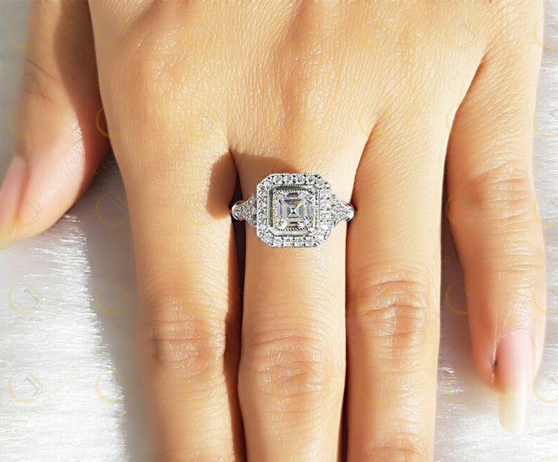 Asscher Cut Halo Engagement Ring, Art Deco Moissanite Ring, Vintage Inspired Ring, Estate Jewelry Rings For Women, Gold Milgrain Bezel Ring