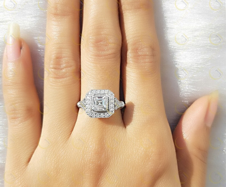 Asscher Cut Halo Engagement Ring, Art Deco Moissanite Ring, Vintage Inspired Ring, Estate Jewelry Rings For Women, Gold Milgrain Bezel Ring