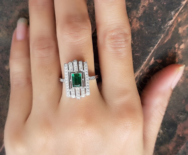 Edwardian Emerald Ring, May Birthstone Engagement Ring, Art Deco Milgrain Ring, Vintage Estate Rings For Women, Unique Green Gemstone Ring