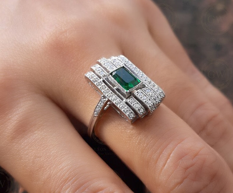 Edwardian Emerald Ring, May Birthstone Engagement Ring, Art Deco Milgrain Ring, Vintage Estate Rings For Women, Unique Green Gemstone Ring