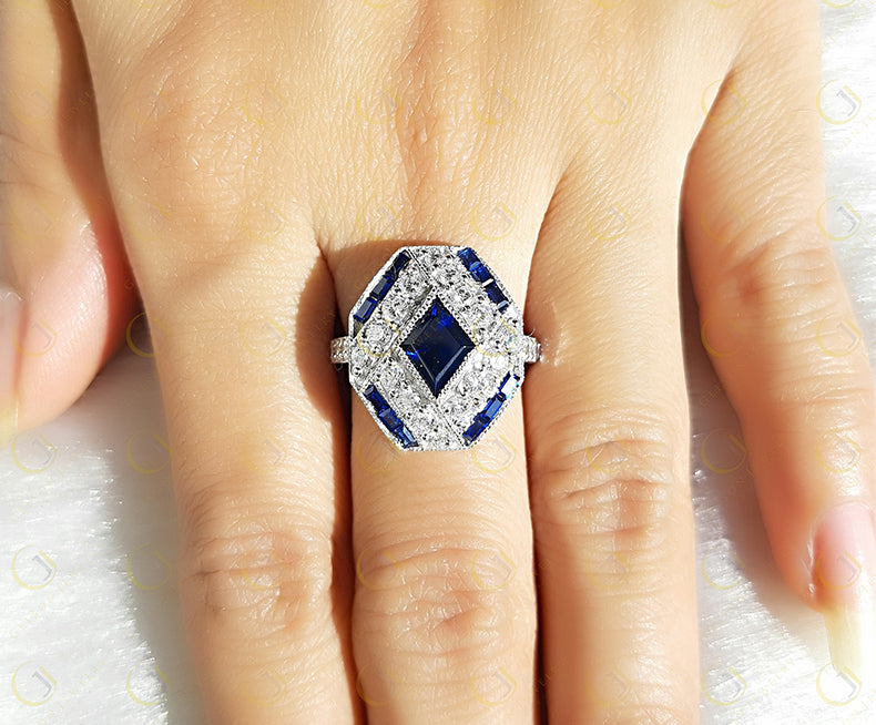 Estate Jewelry / Art Deco Engagement Ring / Blue Sapphire Vintage Wedding Ring For Women / Gift For Her