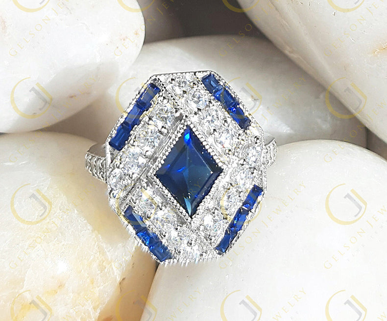 Estate Jewelry / Art Deco Engagement Ring / Blue Sapphire Vintage Wedding Ring For Women / Gift For Her