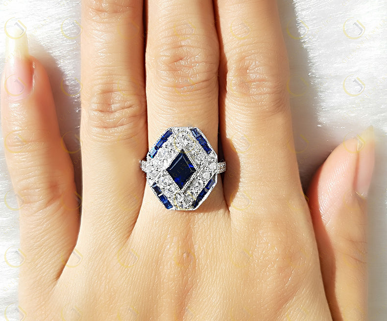 Estate Jewelry / Art Deco Engagement Ring / Blue Sapphire Vintage Wedding Ring For Women / Gift For Her