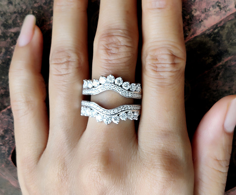 Moissanite Women's Vintage Enhancer wedding Ring band, wrap guard band, Curved Anniversary Spacer Band, Sterling Silver, Wraps For Ring