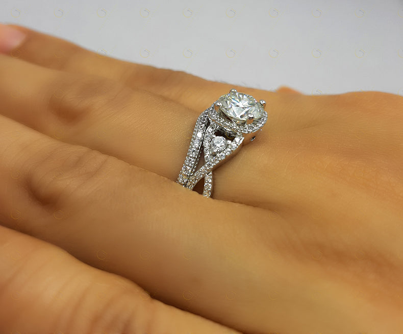 Silver and Gold Moissanite Vintage Halo Engagement wedding ring set, Infinity Style Bridal set, Half Eternity Curved Matching Band, Women Ring Set