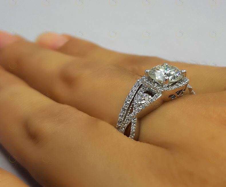 Silver and Gold Moissanite Vintage Halo Engagement wedding ring set, Infinity Style Bridal set, Half Eternity Curved Matching Band, Women Ring Set