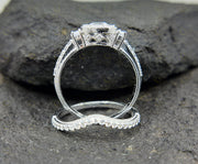 Vintage Wedding Ring Set, 3 Stone Ring, Halo Engagement Ring, Curved Matching Band, Round Simulated Diamond, milgrain ring, Gift for Her