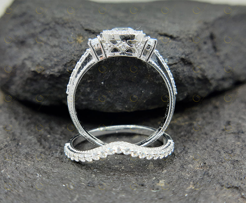Vintage Wedding Ring Set, 3 Stone Ring, Halo Engagement Ring, Curved Matching Band, Round Simulated Diamond, milgrain ring, Gift for Her