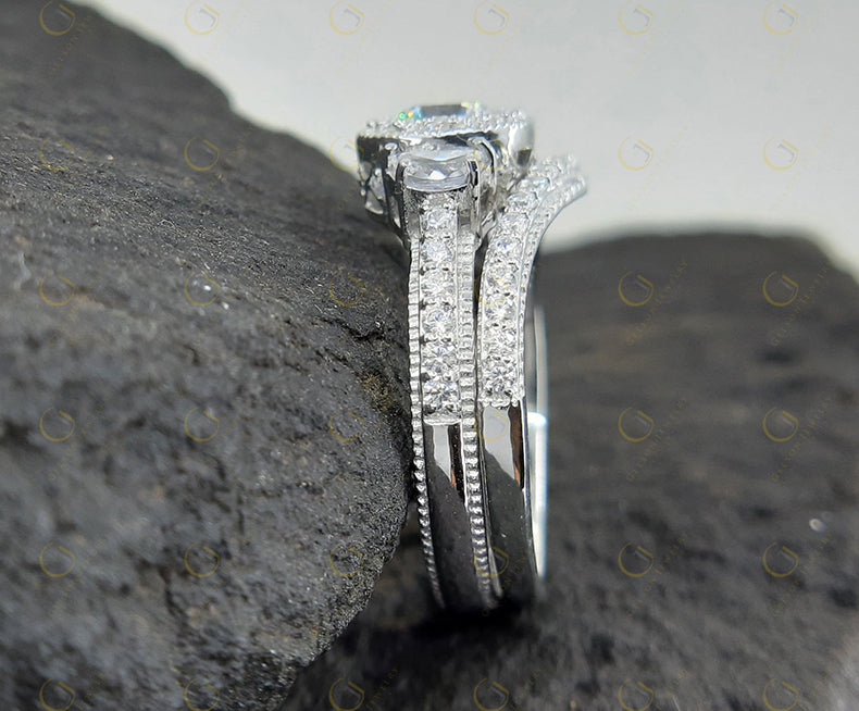 Vintage Wedding Ring Set, 3 Stone Ring, Halo Engagement Ring, Curved Matching Band, Round Simulated Diamond, milgrain ring, Gift for Her