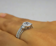 Vintage Wedding Ring Set, 3 Stone Ring, Halo Engagement Ring, Curved Matching Band, Round Simulated Diamond, milgrain ring, Gift for Her