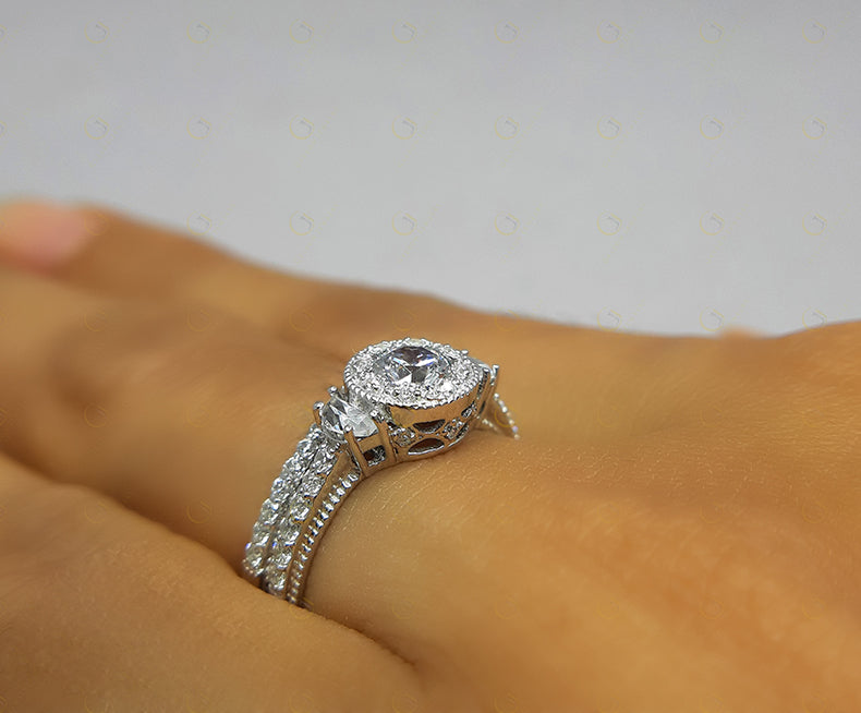 Vintage Wedding Ring Set, 3 Stone Ring, Halo Engagement Ring, Curved Matching Band, Round Simulated Diamond, milgrain ring, Gift for Her