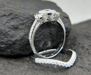 Vintage Wedding Ring Set, 3 Stone Ring, Halo Engagement Ring, Curved Matching Band, Round Simulated Diamond, milgrain ring, Gift for Her