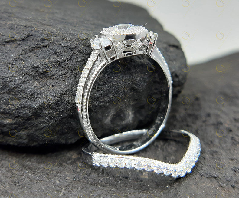 Vintage Wedding Ring Set, 3 Stone Ring, Halo Engagement Ring, Curved Matching Band, Round Simulated Diamond, milgrain ring, Gift for Her