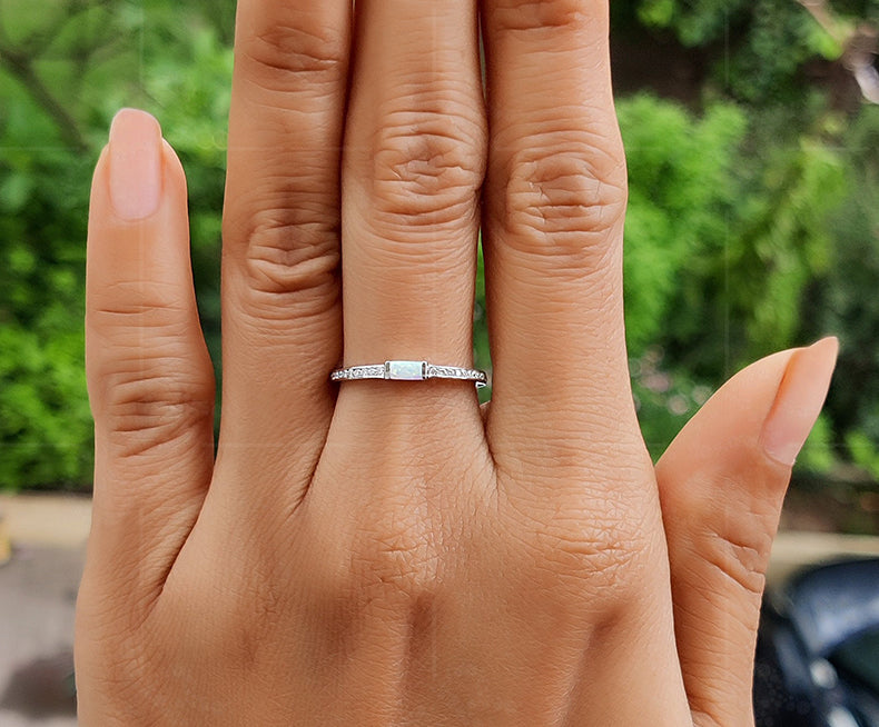 Dainty Opal Baguette Stacking Rings October Birthstone Ring for Women, Minimalist and Delicate Gold Opal Gemstone Ring