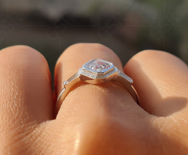 Elegant 3 Stone Vintage Art Deco Engagement Ring - Asscher & Tapered Baguette Moissanite Beauty - Silver and Gold Minimalist Dainty Wedding Ring