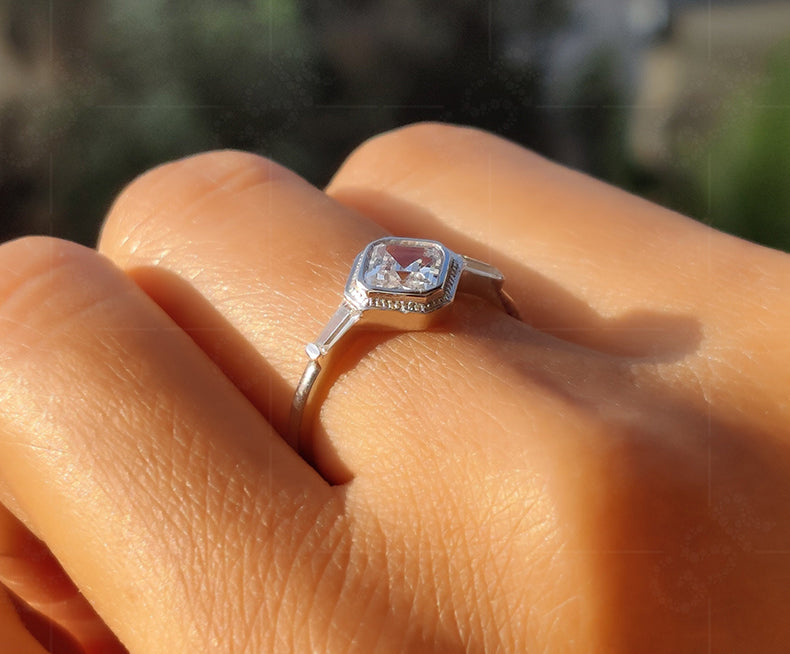 Elegant 3 Stone Vintage Art Deco Engagement Ring - Asscher & Tapered Baguette Moissanite Beauty - Silver and Gold Minimalist Dainty Wedding Ring