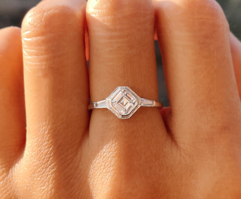 Elegant 3 Stone Vintage Art Deco Engagement Ring - Asscher & Tapered Baguette Moissanite Beauty - Silver and Gold Minimalist Dainty Wedding Ring