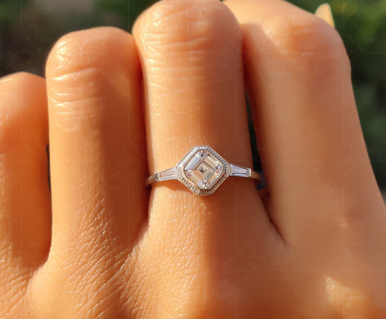 Elegant 3 Stone Vintage Art Deco Engagement Ring - Asscher & Tapered Baguette Moissanite Beauty - Silver and Gold Minimalist Dainty Wedding Ring