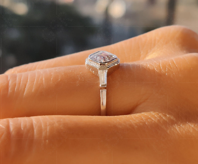 Elegant 3 Stone Vintage Art Deco Engagement Ring - Asscher & Tapered Baguette Moissanite Beauty - Silver and Gold Minimalist Dainty Wedding Ring