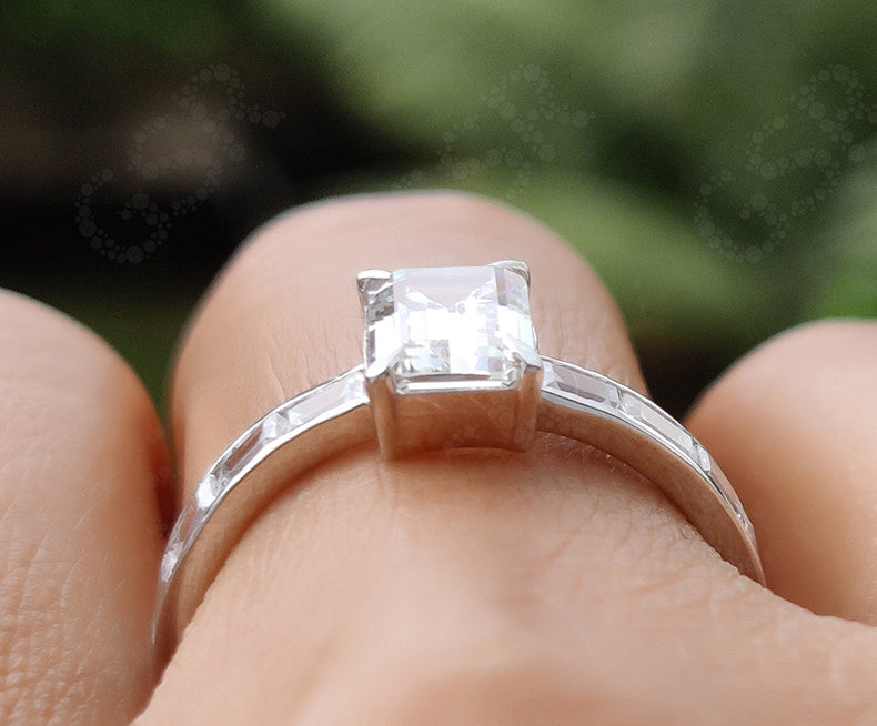 Elegant Emerald Solitaire Engagement Ring - Silver and Gold Minimalist Beauty with Baguette Accent - Colorless Moissanite Dainty Wedding Ring