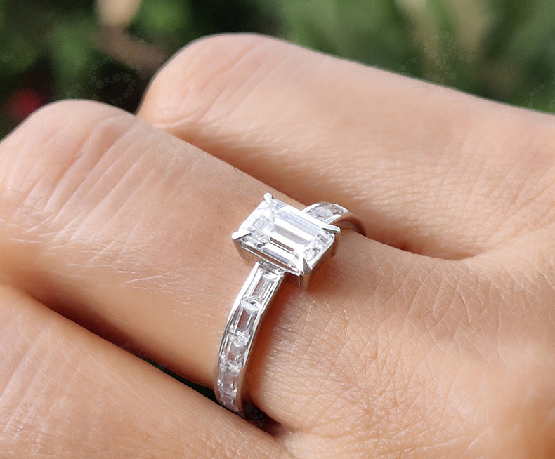 Elegant Emerald Solitaire Engagement Ring - Silver and Gold Minimalist Beauty with Baguette Accent - Colorless Moissanite Dainty Wedding Ring