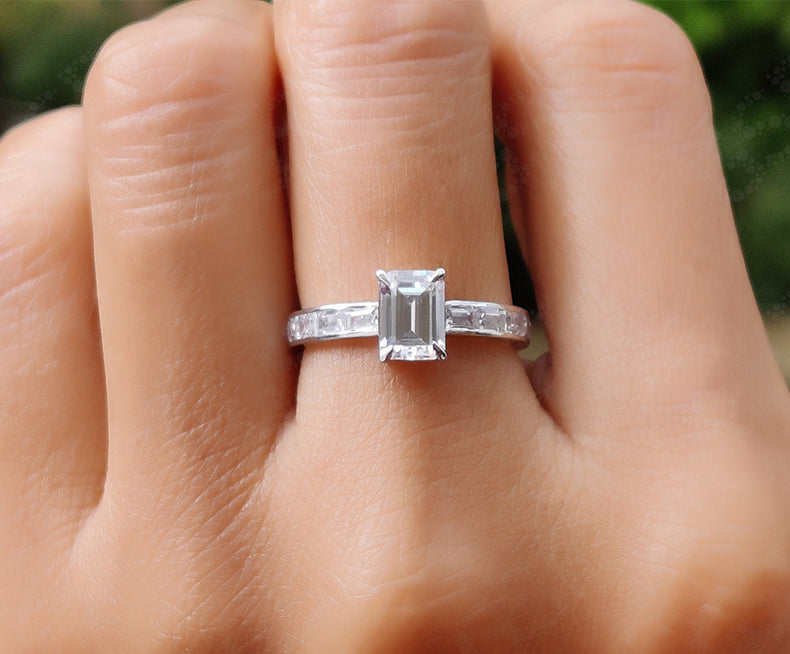 Elegant Emerald Solitaire Engagement Ring - Silver and Gold Minimalist Beauty with Baguette Accent - Colorless Moissanite Dainty Wedding Ring