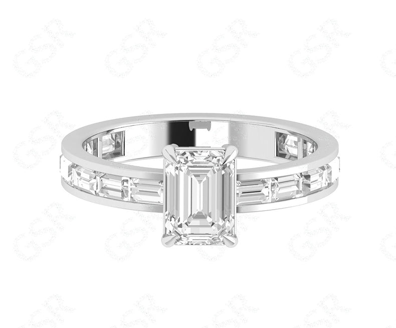 Elegant Emerald Solitaire Engagement Ring - Silver and Gold Minimalist Beauty with Baguette Accent - Colorless Moissanite Dainty Wedding Ring