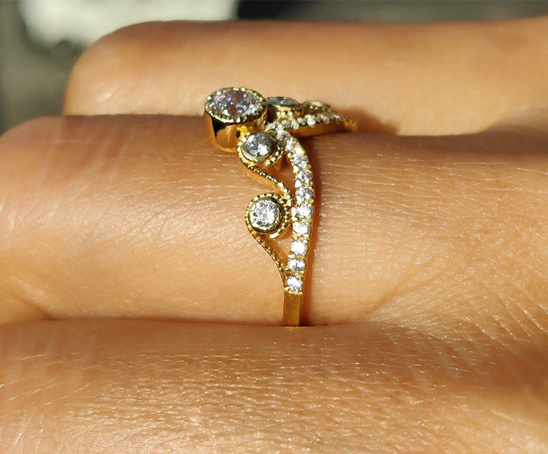Elegant Royal Vintage Chevron Band - V Shape Moissanite Wedding Beauty - Silver and Yellow Gold Ring - Dainty Promise Ring - Anniversary Gift Ring