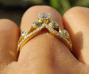 Elegant Royal Vintage Chevron Band - V Shape Moissanite Wedding Beauty - Silver and Yellow Gold Ring - Dainty Promise Ring - Anniversary Gift Ring