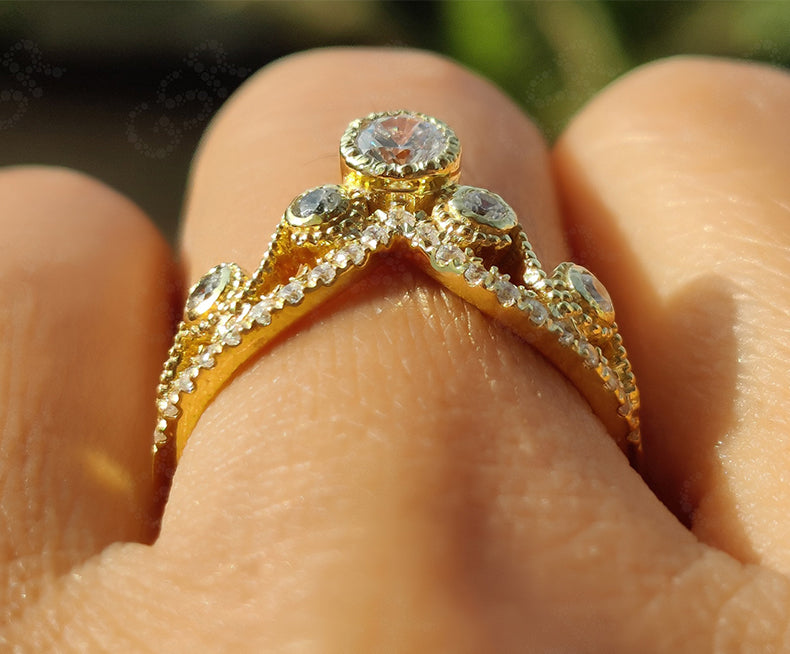 Elegant Royal Vintage Chevron Band - V Shape Moissanite Wedding Beauty - Silver and Yellow Gold Ring - Dainty Promise Ring - Anniversary Gift Ring