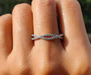 Elegant Twist Wedding Band - Silver and Gold Infinity Anniversary Ring with Colorless Moissanite - Criss Cross Eternity Stackable Beauty for Women