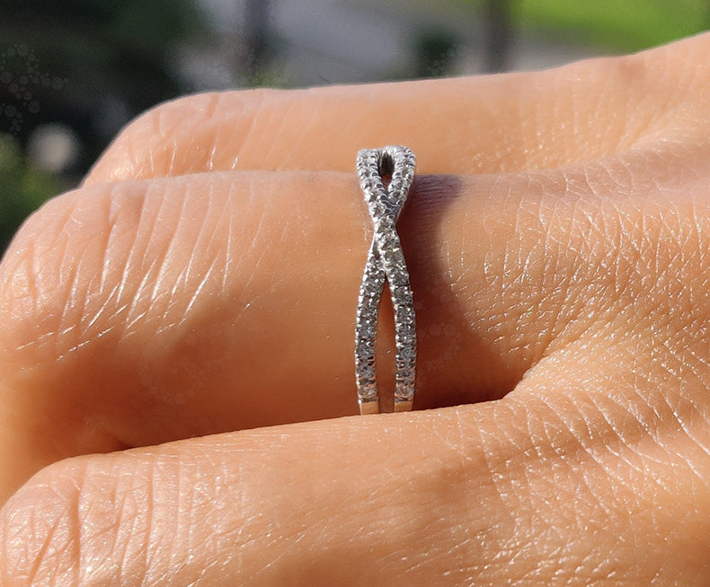 Elegant Twist Wedding Band - Silver and Gold Infinity Anniversary Ring with Colorless Moissanite - Criss Cross Eternity Stackable Beauty for Women