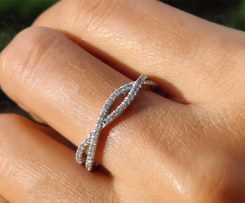 Elegant Twist Wedding Band - Silver and Gold Infinity Anniversary Ring with Colorless Moissanite - Criss Cross Eternity Stackable Beauty for Women