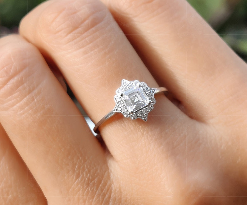 Elegant Vintage Art Deco Engagement Ring - Asscher Cut Moissanite Beauty - Silver and Gold Stackable Ring, a Dainty and Minimalist Gold Ring