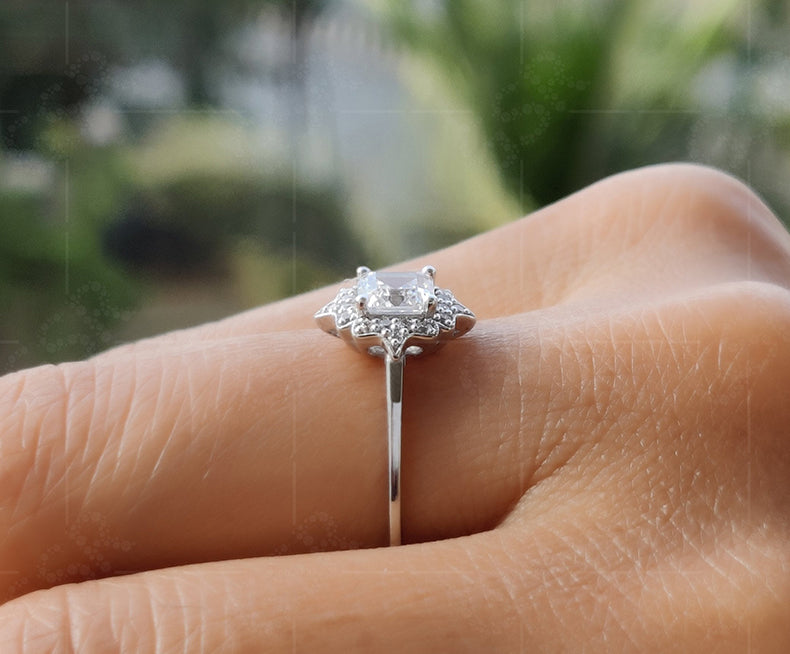 Elegant Vintage Art Deco Engagement Ring - Asscher Cut Moissanite Beauty - Silver and Gold Stackable Ring, a Dainty and Minimalist Gold Ring