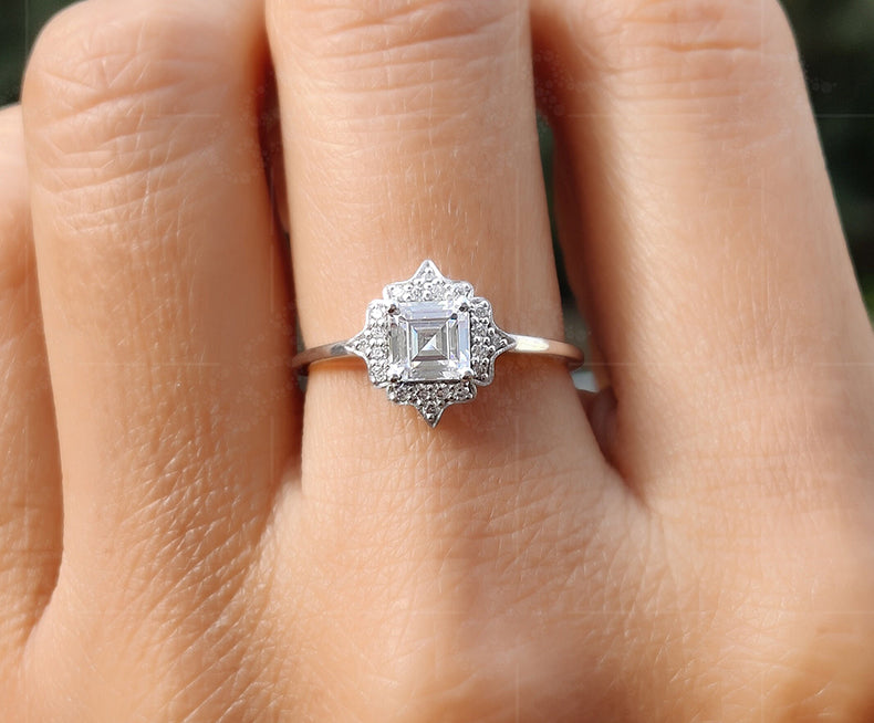 Elegant Vintage Art Deco Engagement Ring - Asscher Cut Moissanite Beauty - Silver and Gold Stackable Ring, a Dainty and Minimalist Gold Ring