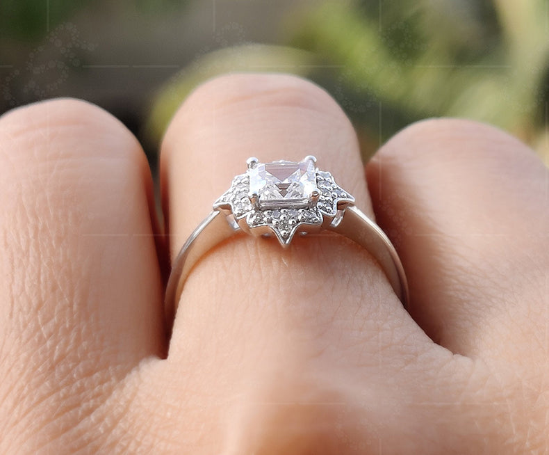 Elegant Vintage Art Deco Engagement Ring - Asscher Cut Moissanite Beauty - Silver and Gold Stackable Ring, a Dainty and Minimalist Gold Ring
