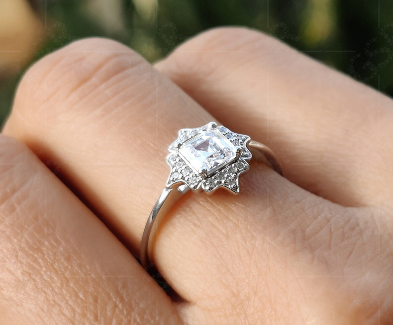 Elegant Vintage Art Deco Engagement Ring - Asscher Cut Moissanite Beauty - Silver and Gold Stackable Ring, a Dainty and Minimalist Gold Ring