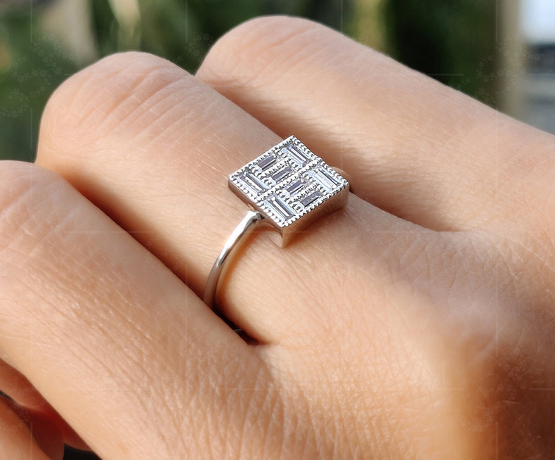 Elegant Vintage Art Deco Engagement Ring - Baguette Moissanite Beauty - Silver and Gold Stackable Ring, a Dainty Minimalist Gold Ring