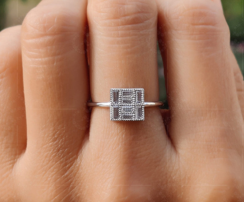 Elegant Vintage Art Deco Engagement Ring - Baguette Moissanite Beauty - Silver and Gold Stackable Ring, a Dainty Minimalist Gold Ring