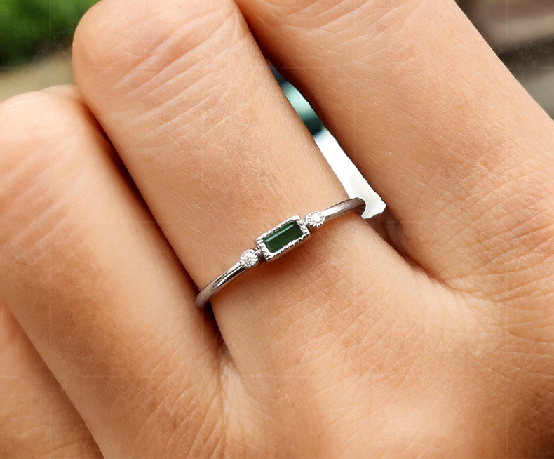Emerald Elegance: Dainty Baguette May Birthstone Ring for Women - Green Gemstone Stacking Ring, Minimalist Gemstone Jewelry, Simple Delicate Ring