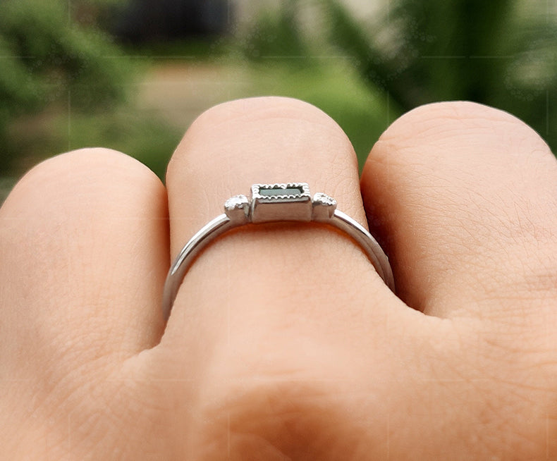 Emerald Elegance: Dainty Baguette May Birthstone Ring for Women - Green Gemstone Stacking Ring, Minimalist Gemstone Jewelry, Simple Delicate Ring