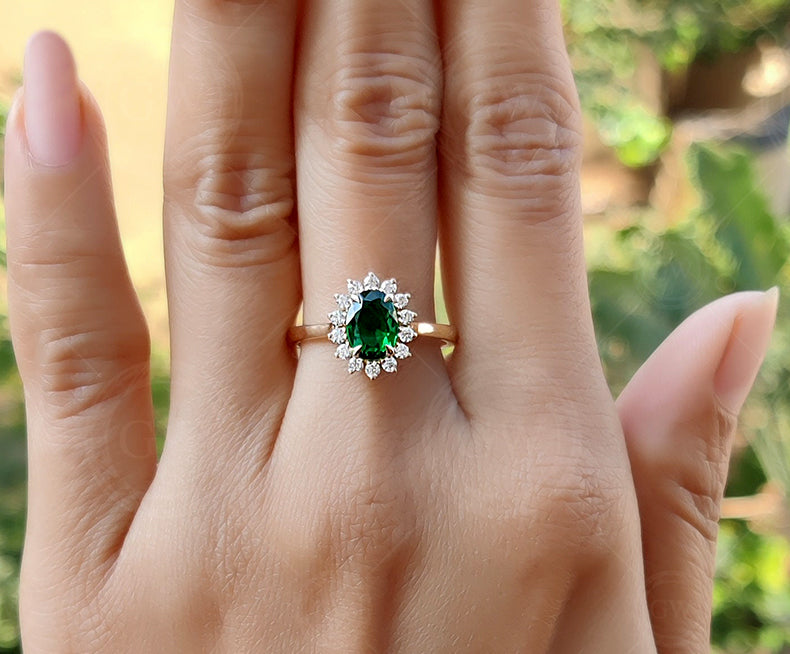 Emerald Halo Engagement Ring, Green Gemstone Rings For Women, May Birthstone Ring, Oval Emerald Halo Ring Gold Anniversary Ring Promise Ring