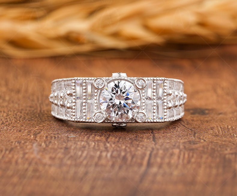 Floral Nature Inspired Ring, Vintage Art Deco Style Ring, Milgrain Ring, Antique Moissanite Halo Engagement Ring, Promise Rings For Women