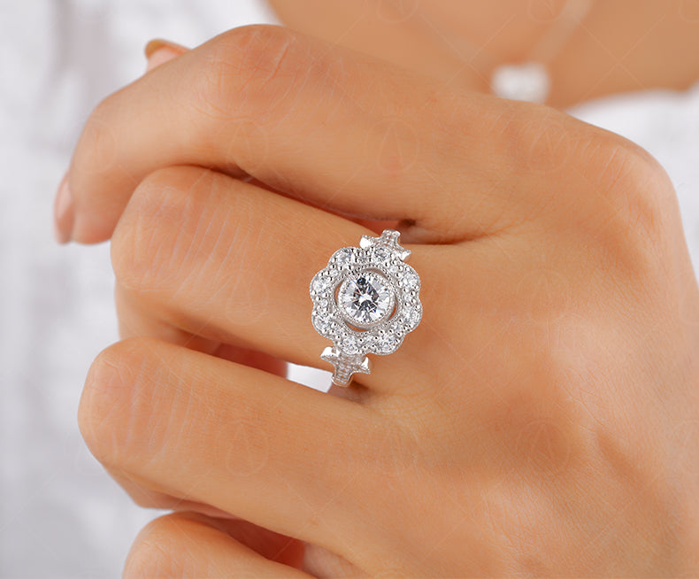 Floral Nature Inspired Ring, Vintage Art Deco Style Ring, Milgrain Ring, Antique Moissanite Halo Engagement Ring, Promise Rings For Women