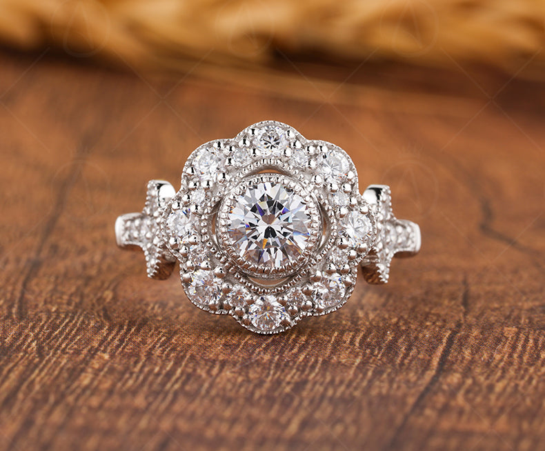 Floral Nature Inspired Ring, Vintage Art Deco Style Ring, Milgrain Ring, Antique Moissanite Halo Engagement Ring, Promise Rings For Women
